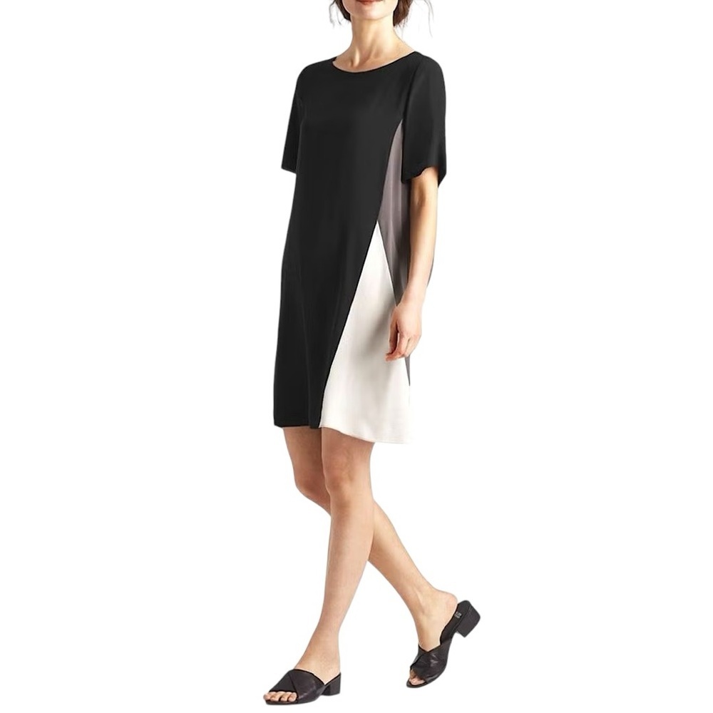 EILEEN FISHER Silk Georgette Crepe Color Block Shift Dress